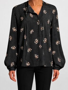 Vince Floral Blouse Black Long Sleeve Tie Neck Top Size Small